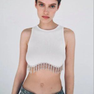 NWOT Zara Seamless Rhinestone Crop Top White Sz XS-S